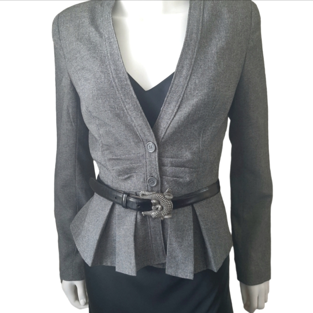 WORTHINGTON Tucked Front Collarless Pleated Peplum Micro Stripe Jacket Sz 6 Grey